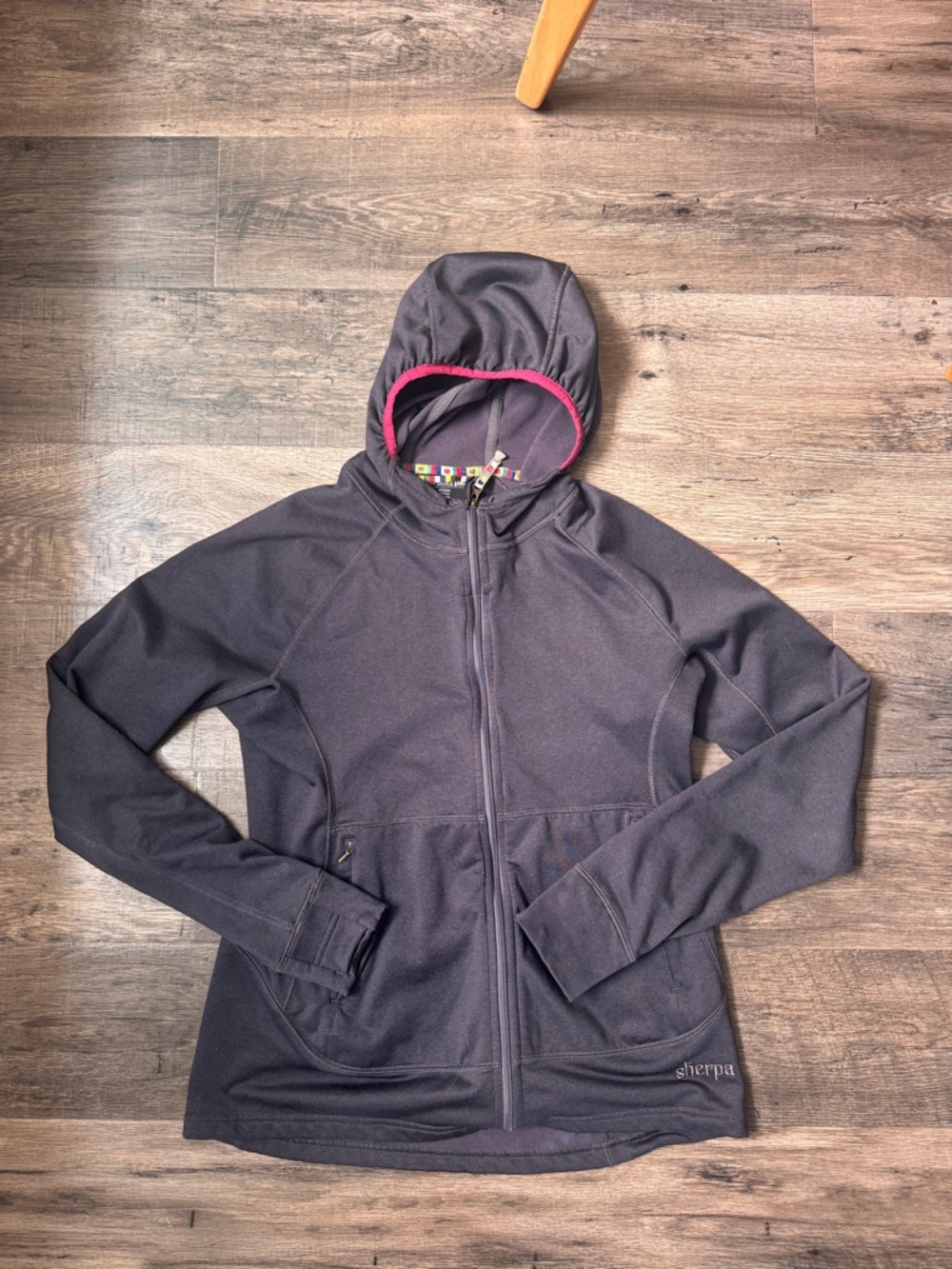 Sherpa Women's Charcoal Hooded Zip-Up Jacket with Pink Trim